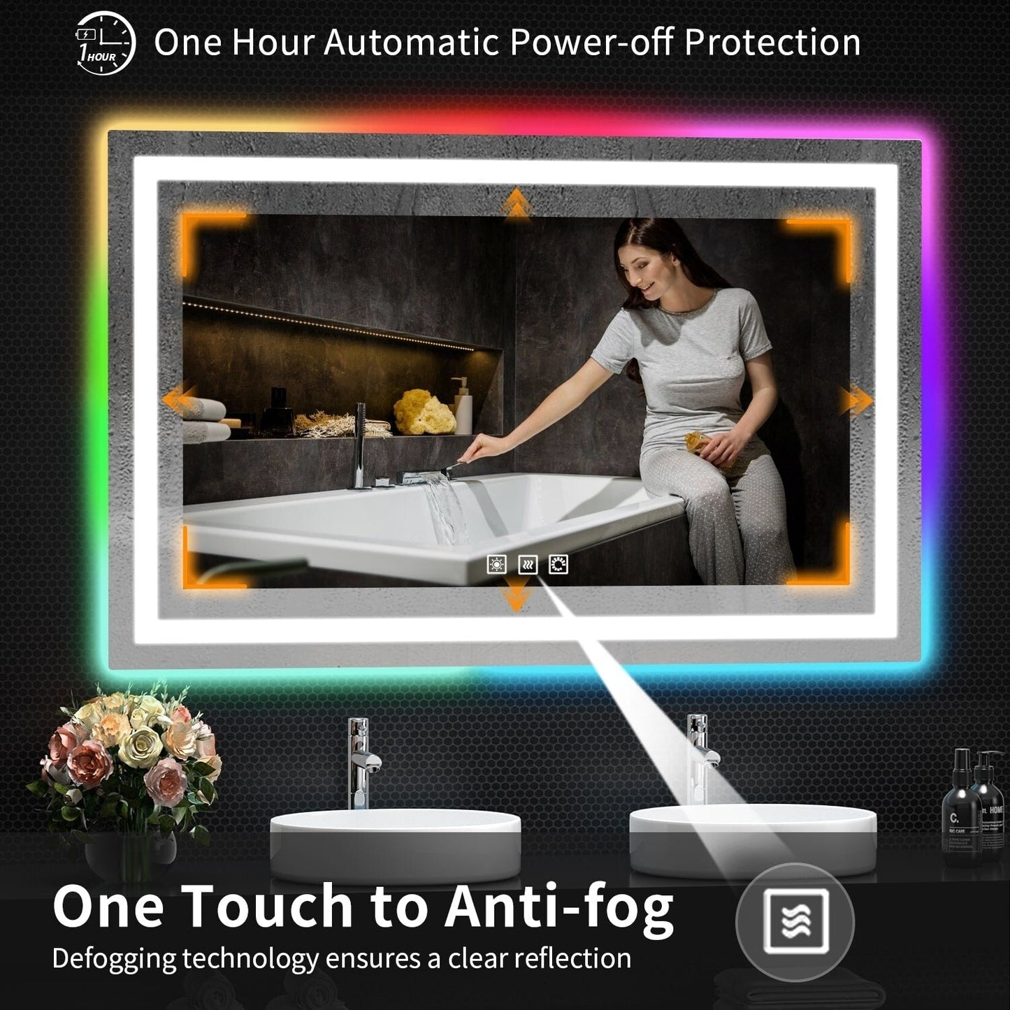 Miroir de salle de bain antibuée avec rétroéclairage RGB et éclairage LED frontal