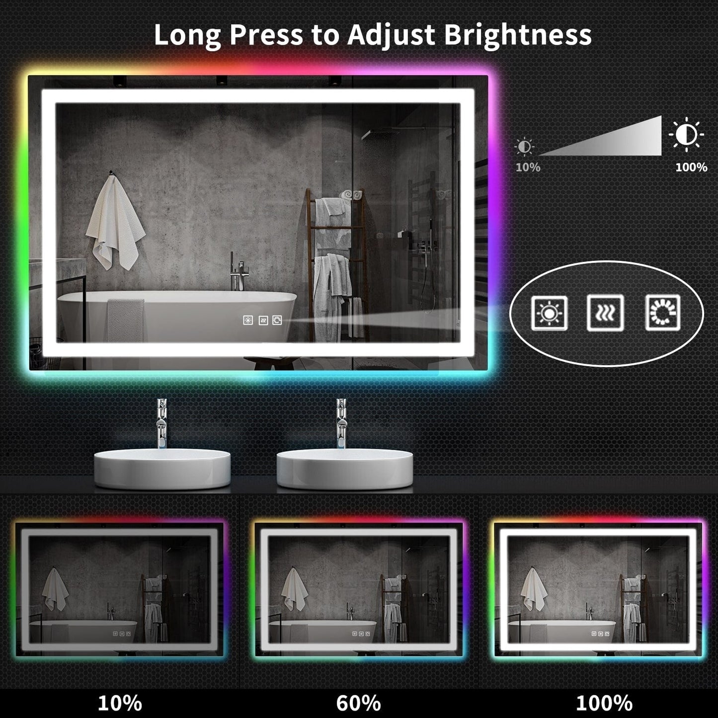 Miroir de salle de bain antibuée avec rétroéclairage RGB et éclairage LED frontal