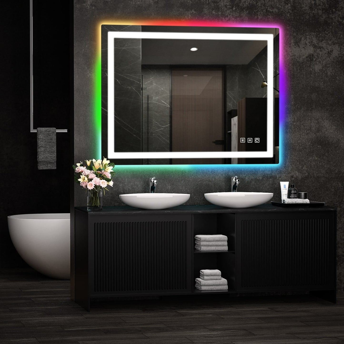 Miroir de salle de bain antibuée avec rétroéclairage RGB et éclairage LED frontal