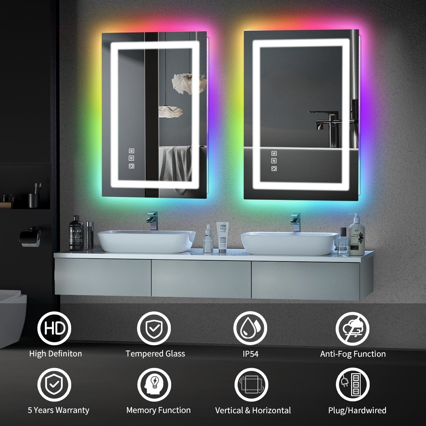Miroir de salle de bain antibuée avec rétroéclairage RGB et éclairage LED frontal