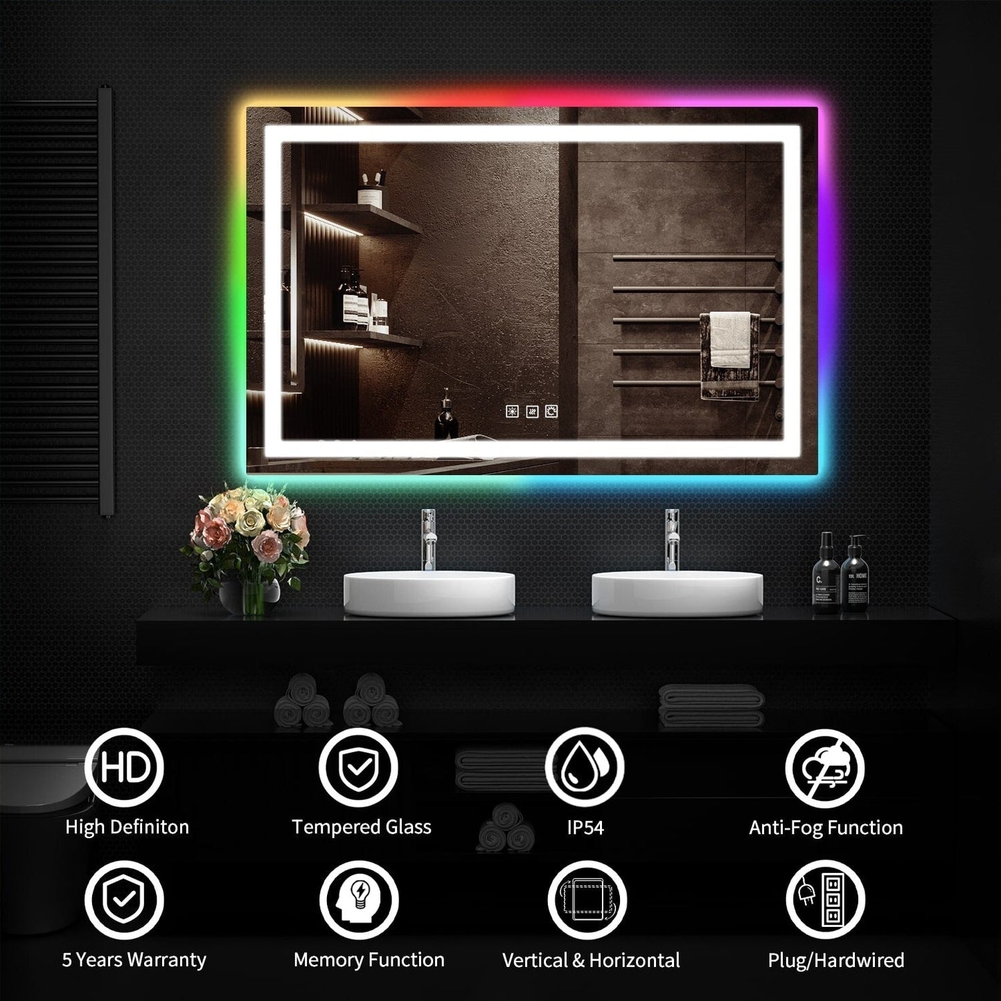 Miroir de salle de bain antibuée avec rétroéclairage RGB et éclairage LED frontal
