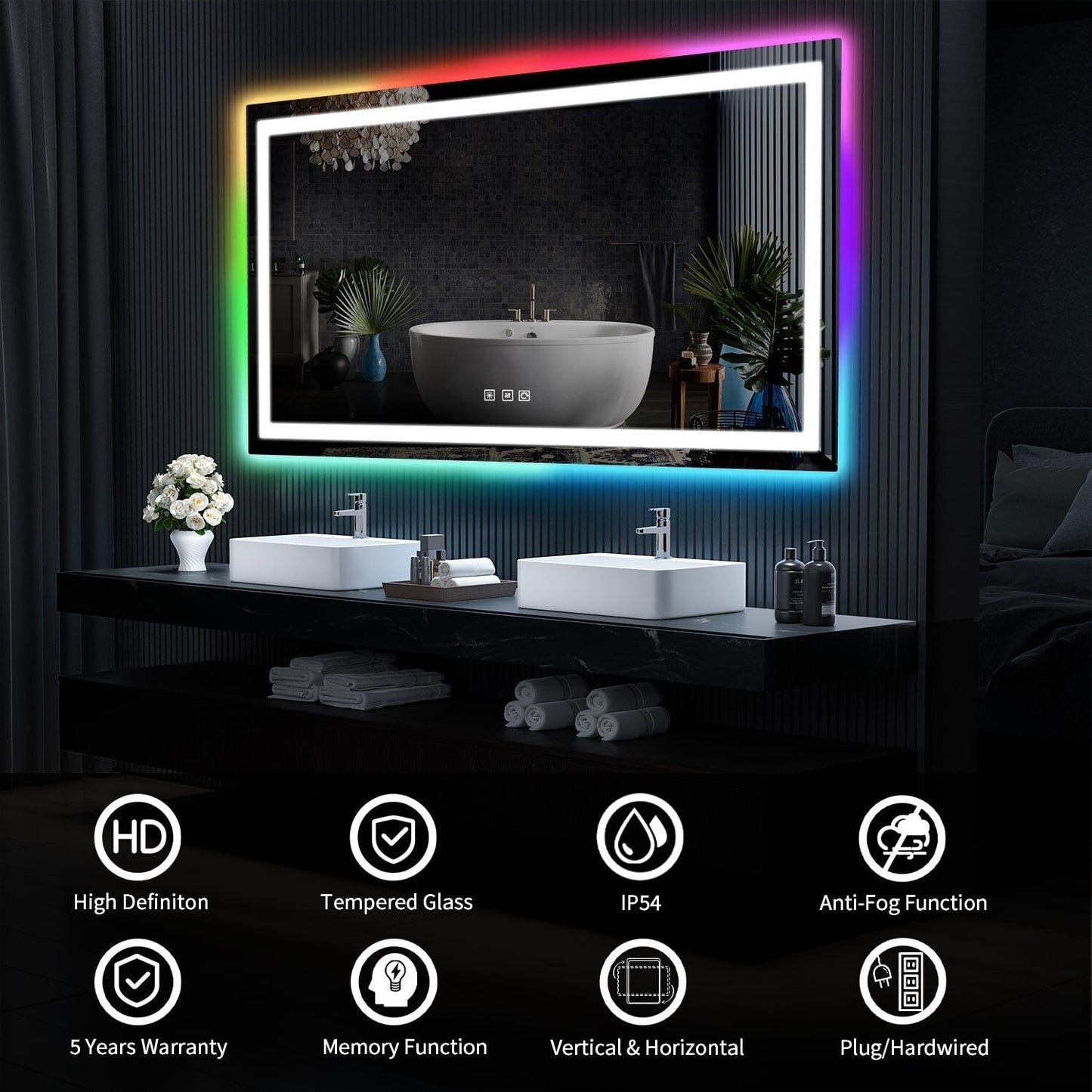 Miroir de salle de bain antibuée avec rétroéclairage RGB et éclairage LED frontal