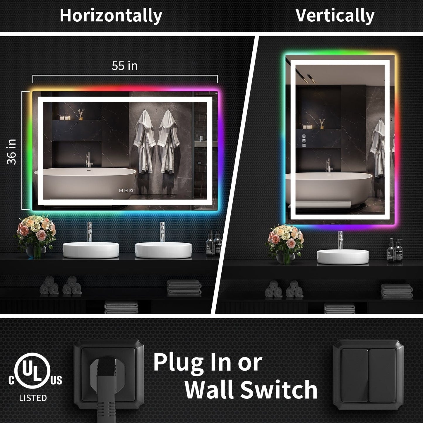 Miroir de salle de bain antibuée avec rétroéclairage RGB et éclairage LED frontal