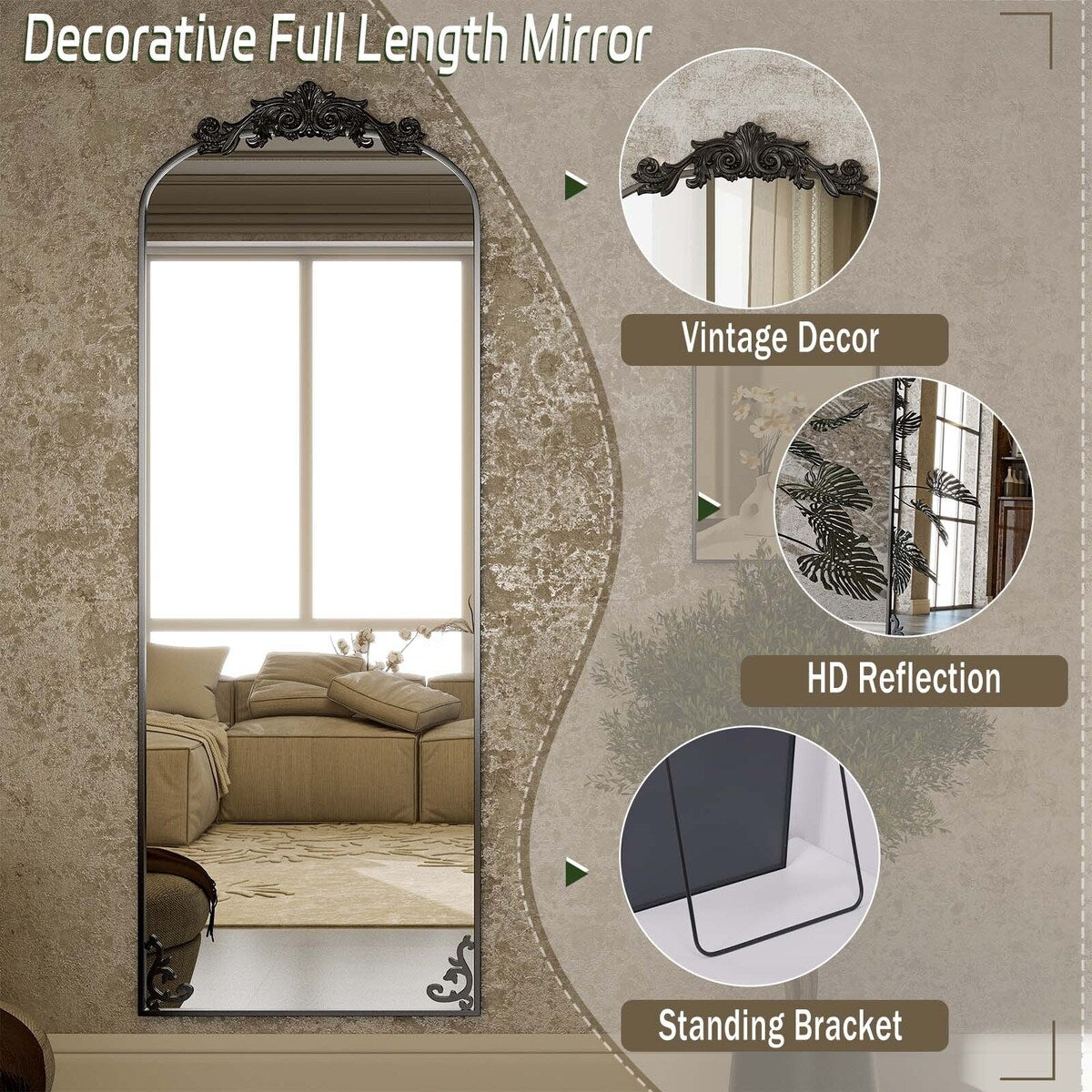 Grand miroir en forme d'arche avec motif floral baroque