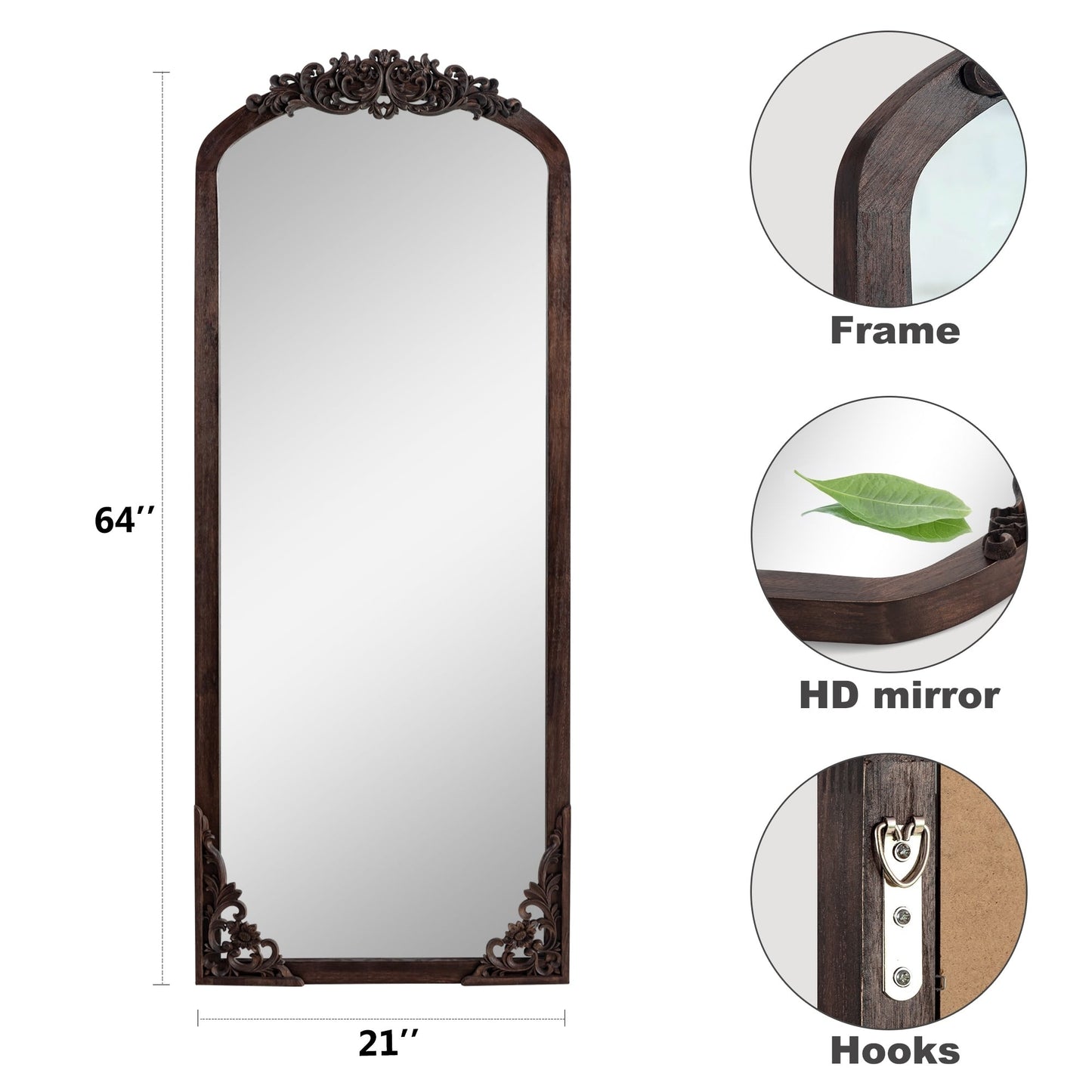 Grand miroir de sol en bois massif sculpté avec arche