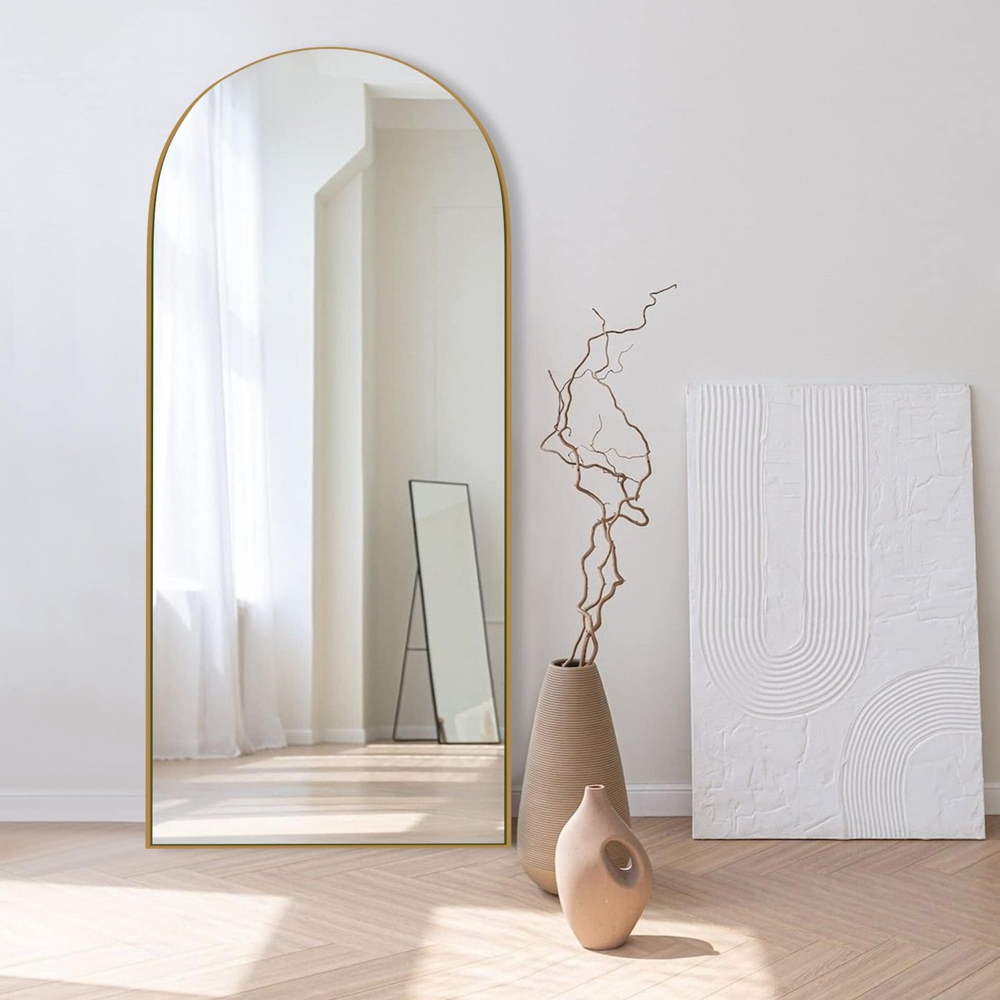 Grand miroir de sol en bois avec arche, miroir mural