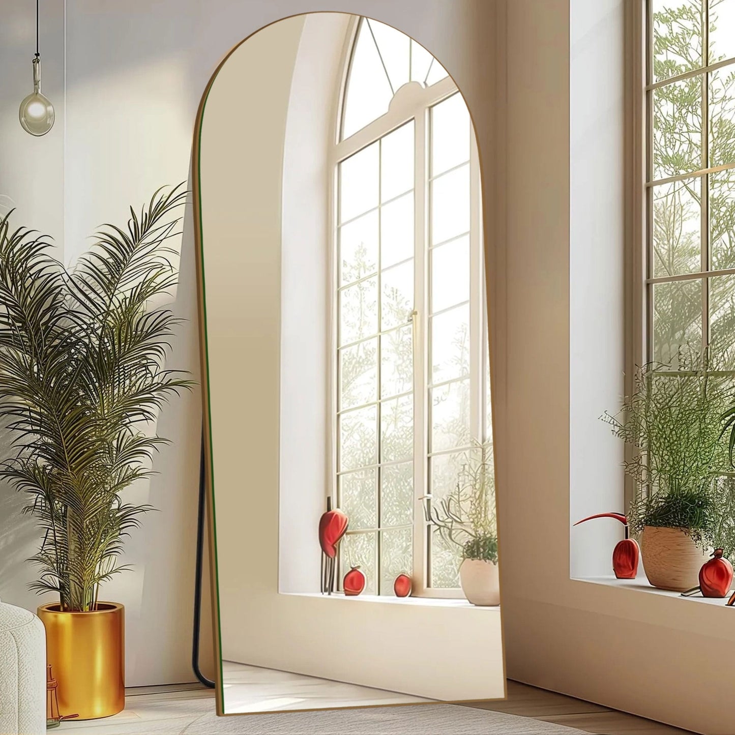 Grand miroir de sol en bois avec arche, miroir mural