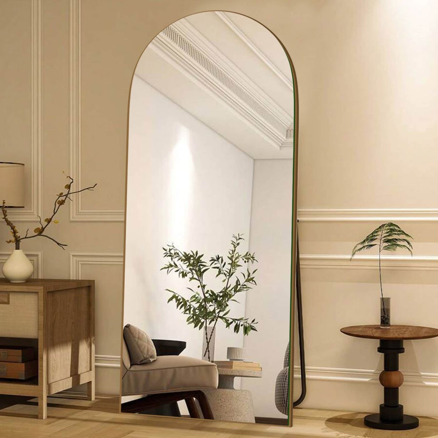 Grand miroir de sol en bois avec arche, miroir mural