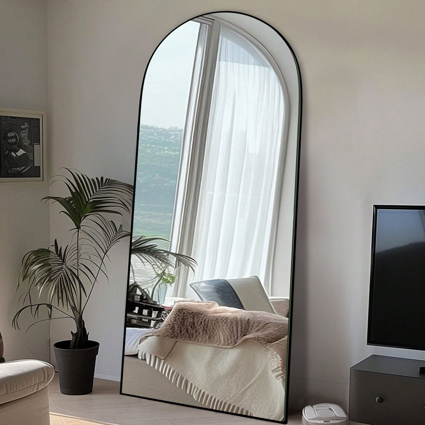 Grand miroir de sol en bois avec arche, miroir mural