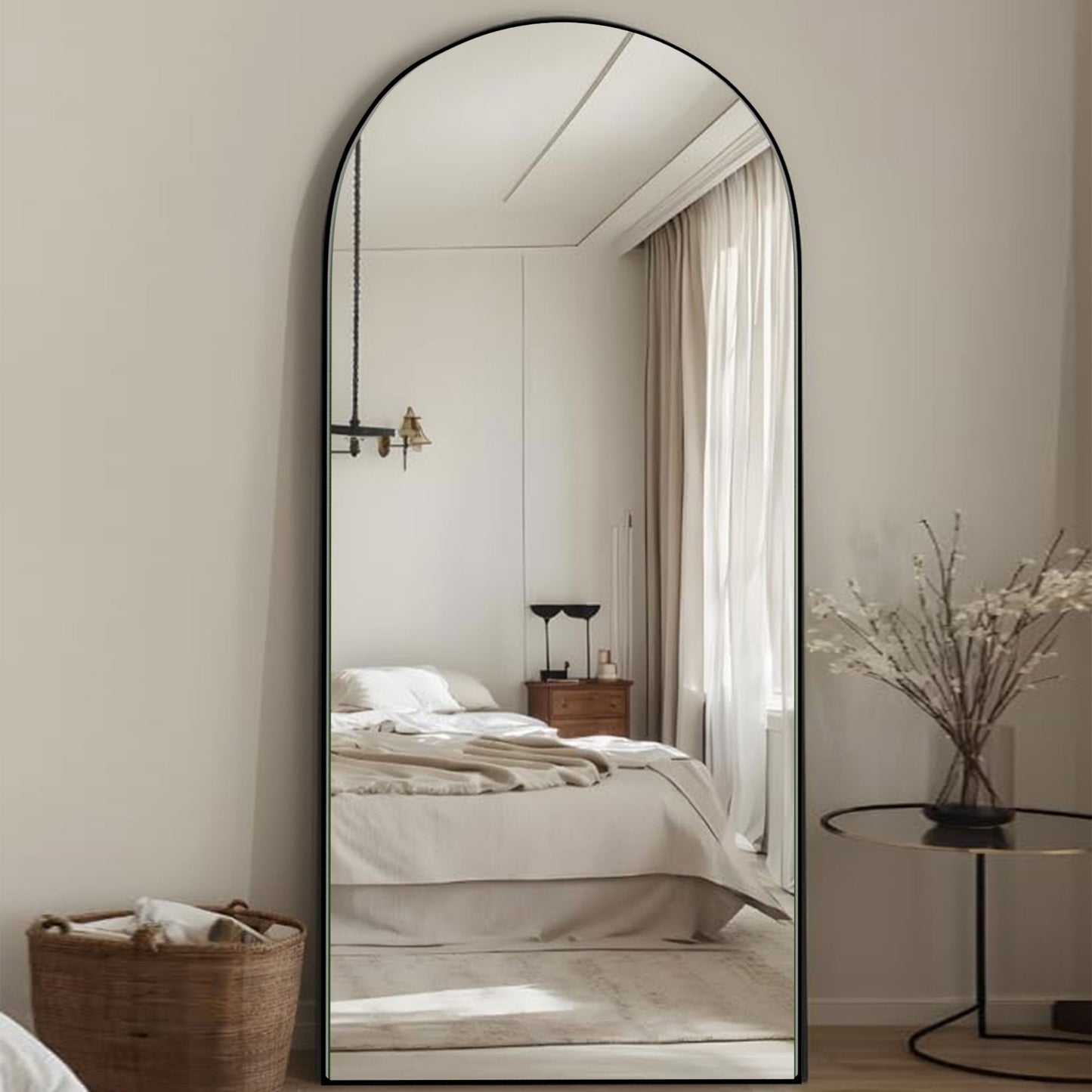 Grand miroir de sol en bois avec arche, miroir mural