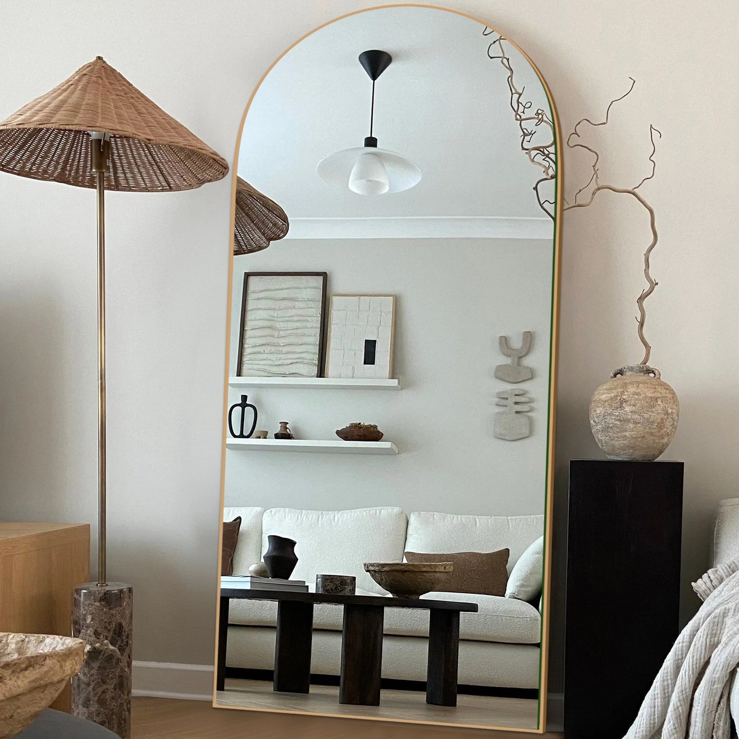 Grand miroir de sol en bois avec arche, miroir mural