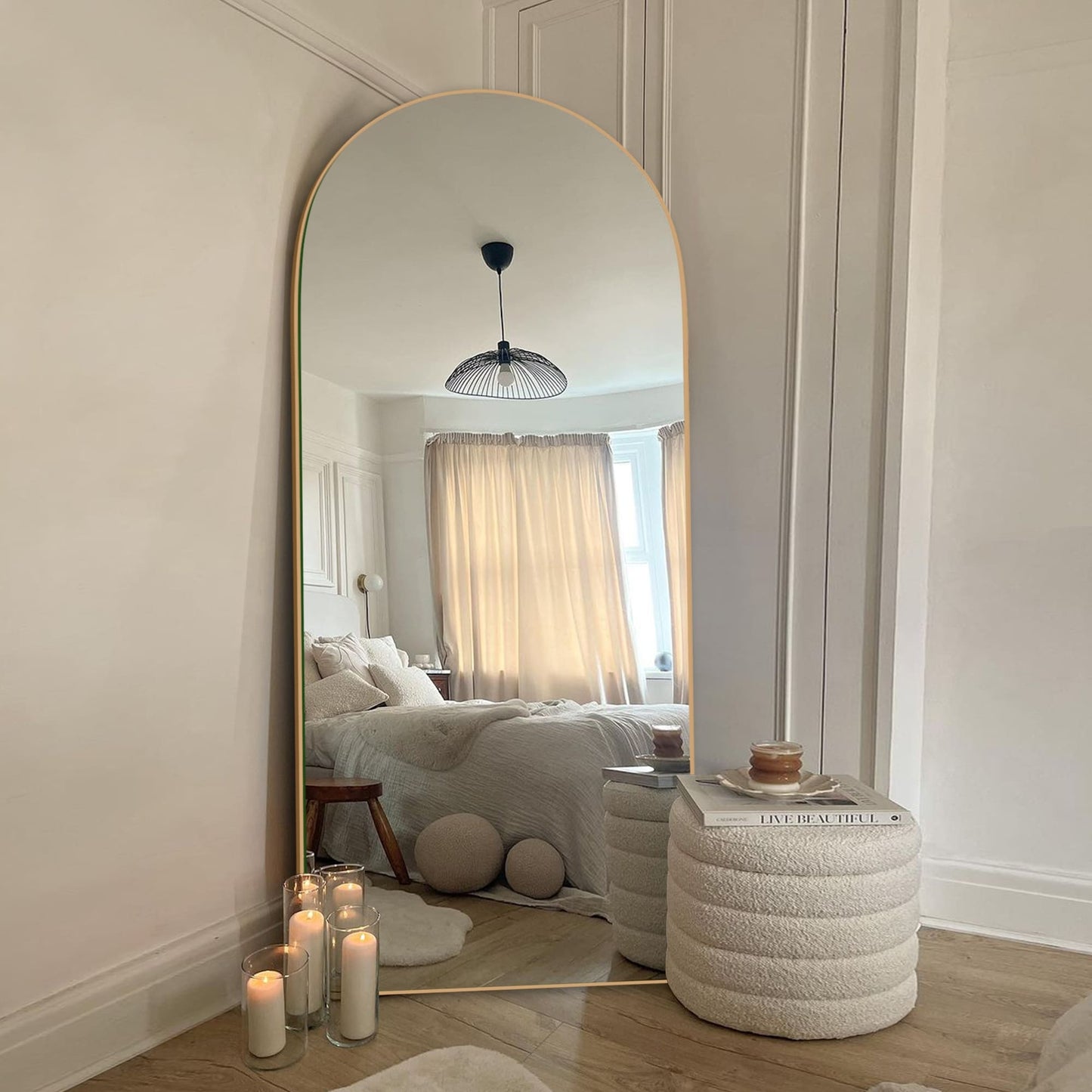 Grand miroir de sol en bois avec arche, miroir mural