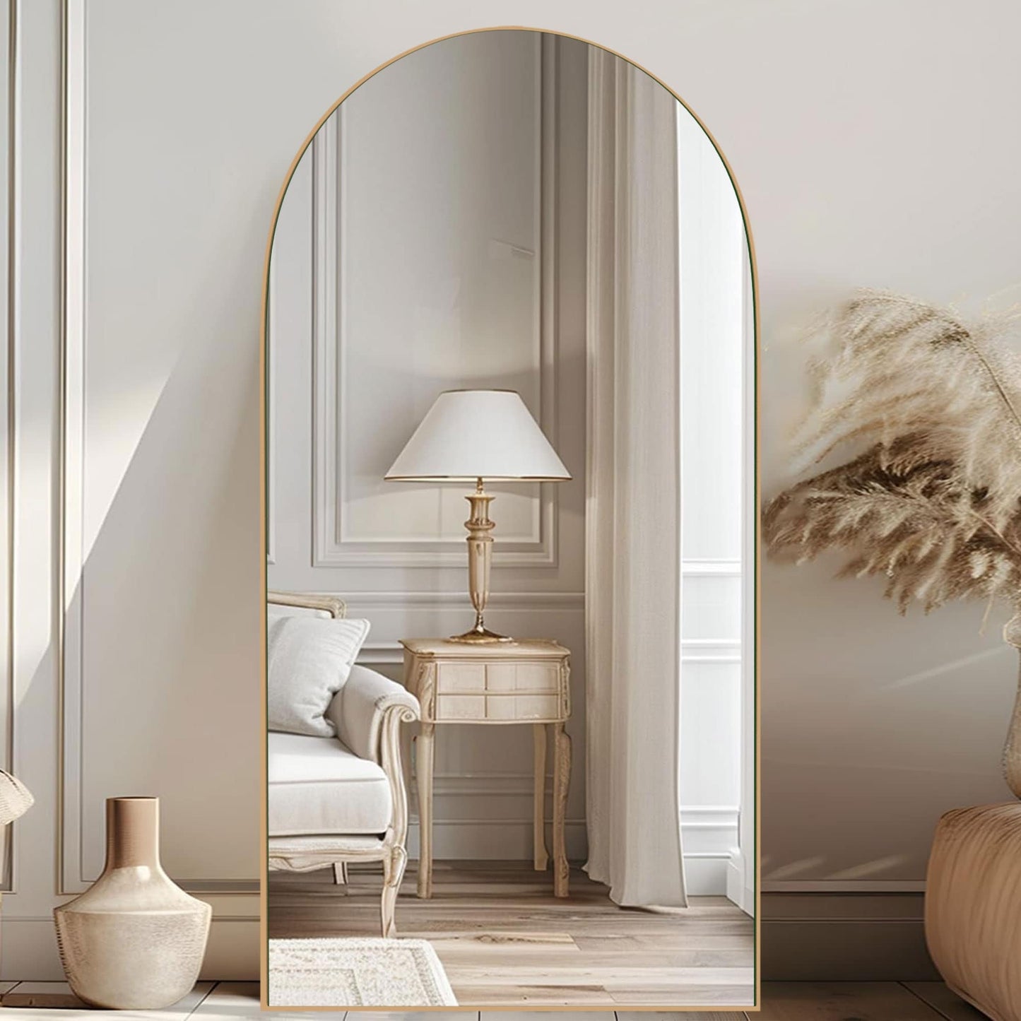 Grand miroir de sol en bois avec arche, miroir mural