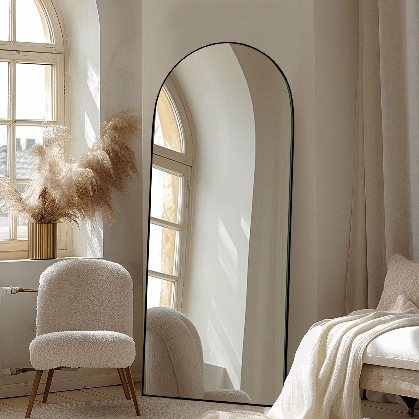 Grand miroir de sol en bois avec arche, miroir mural