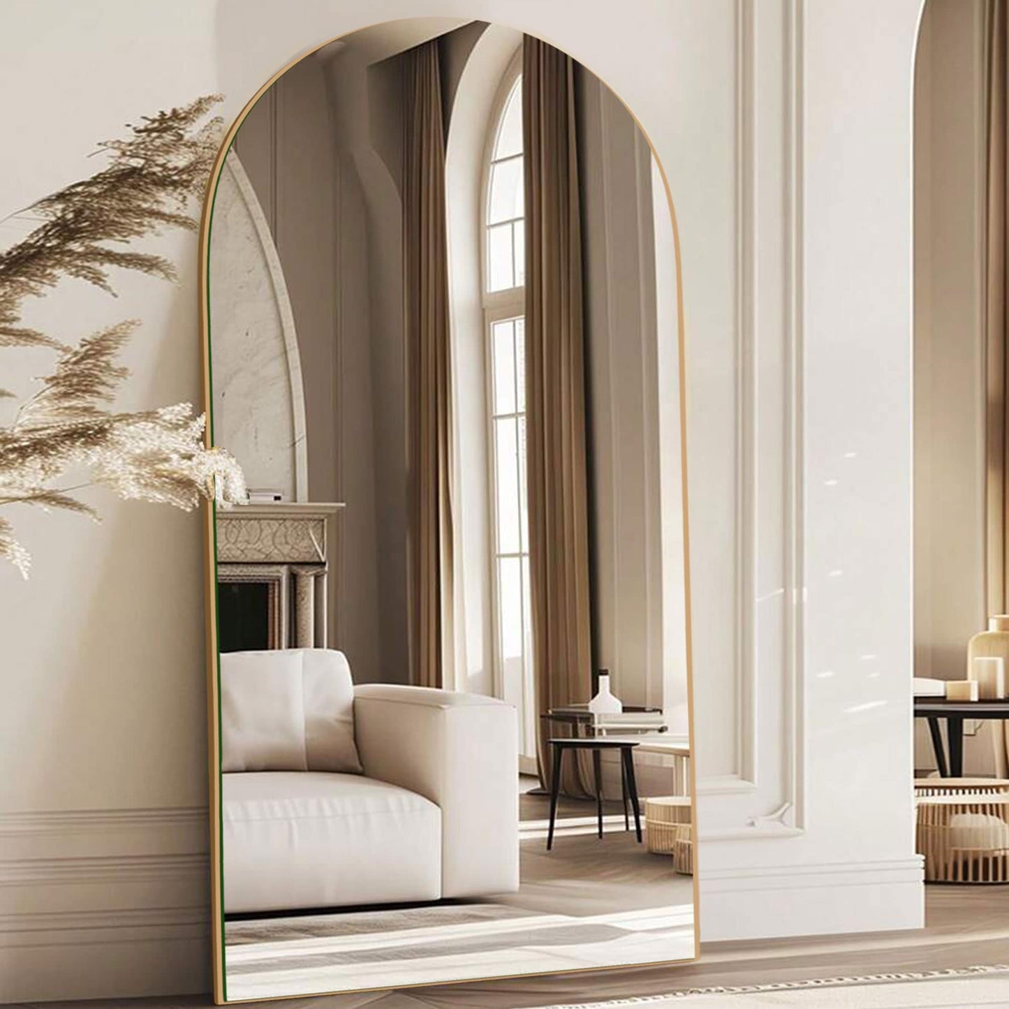 Grand miroir de sol en bois avec arche, miroir mural