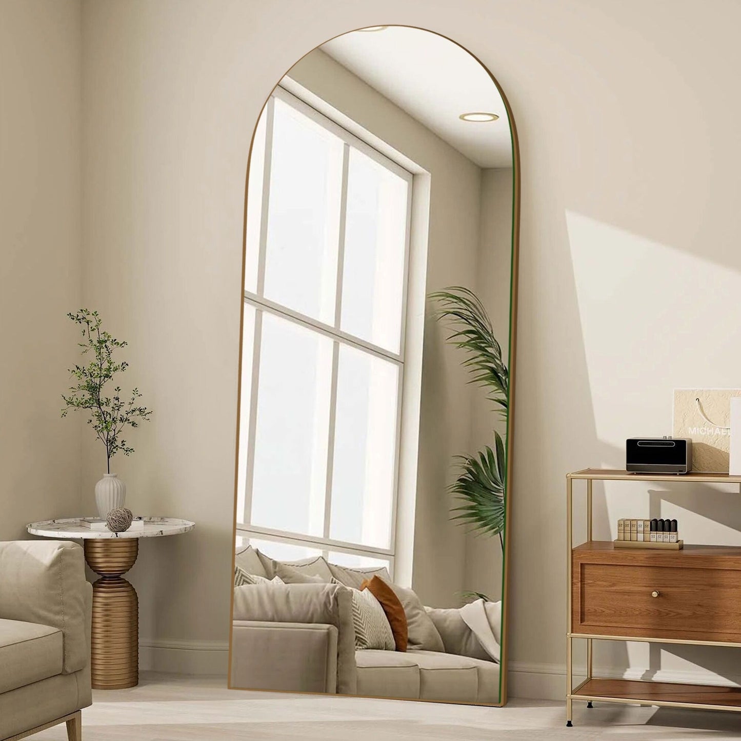 Grand miroir de sol en bois avec arche, miroir mural