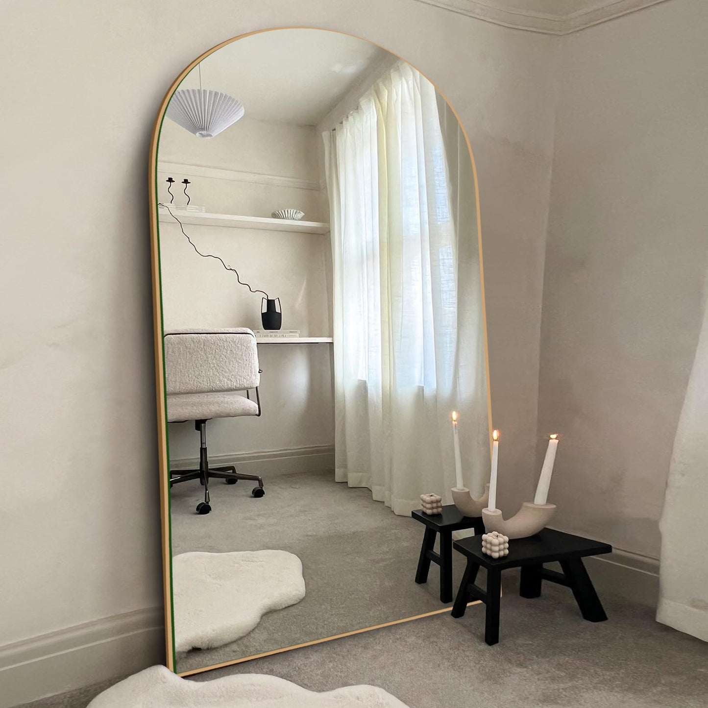 Grand miroir de sol en bois avec arche, miroir mural