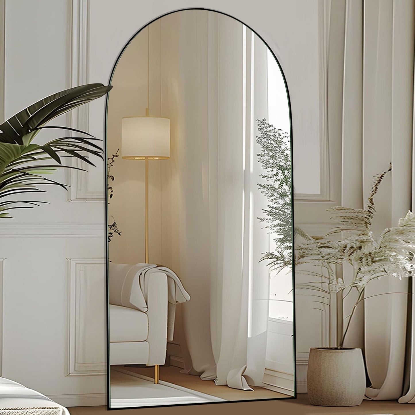 Grand miroir de sol en bois avec arche, miroir mural