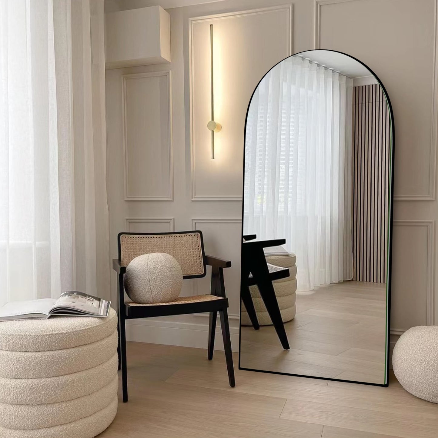Grand miroir de sol en bois avec arche, miroir mural