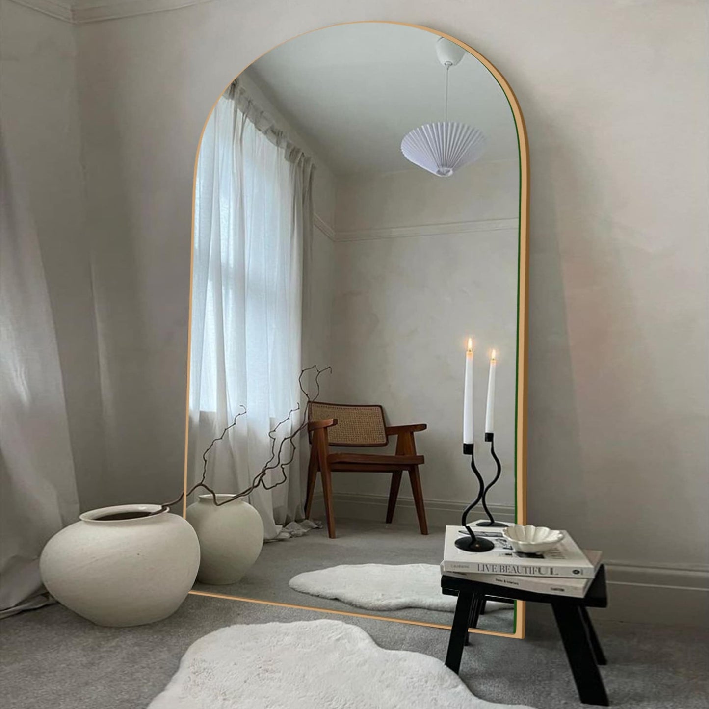 Grand miroir de sol en bois avec arche, miroir mural