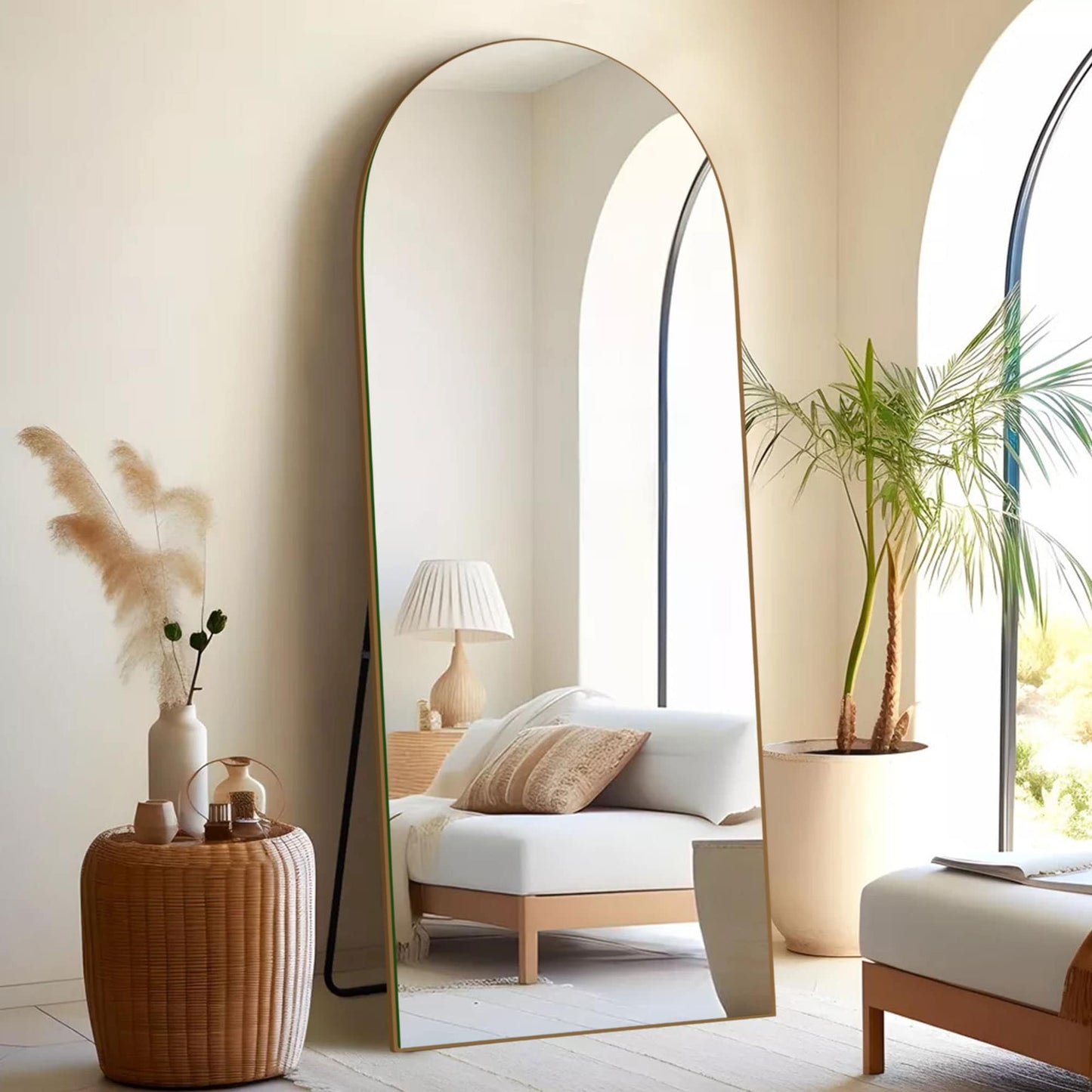 Grand miroir de sol en bois avec arche, miroir mural