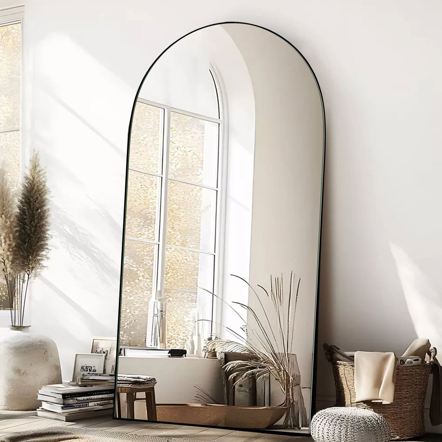 Grand miroir de sol en bois avec arche, miroir mural