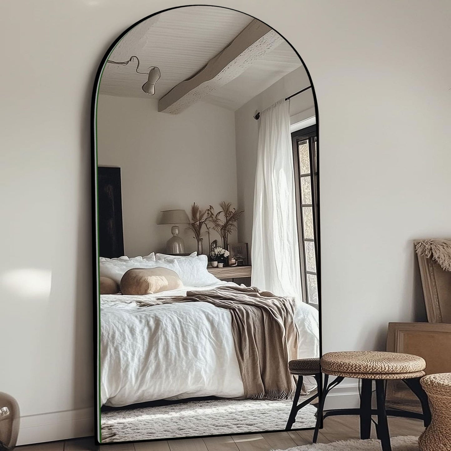 Grand miroir de sol en bois avec arche, miroir mural