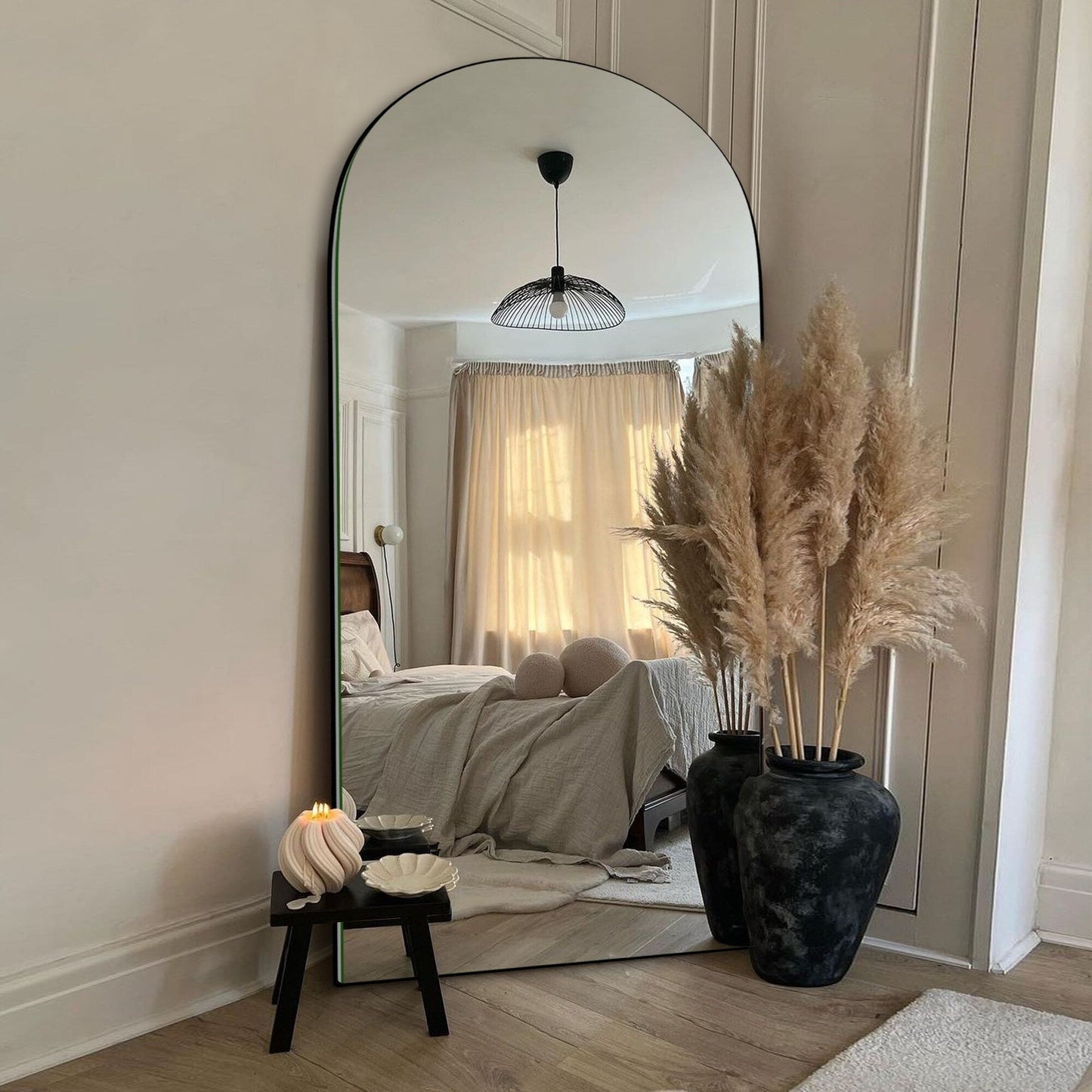 Grand miroir de sol en bois avec arche, miroir mural