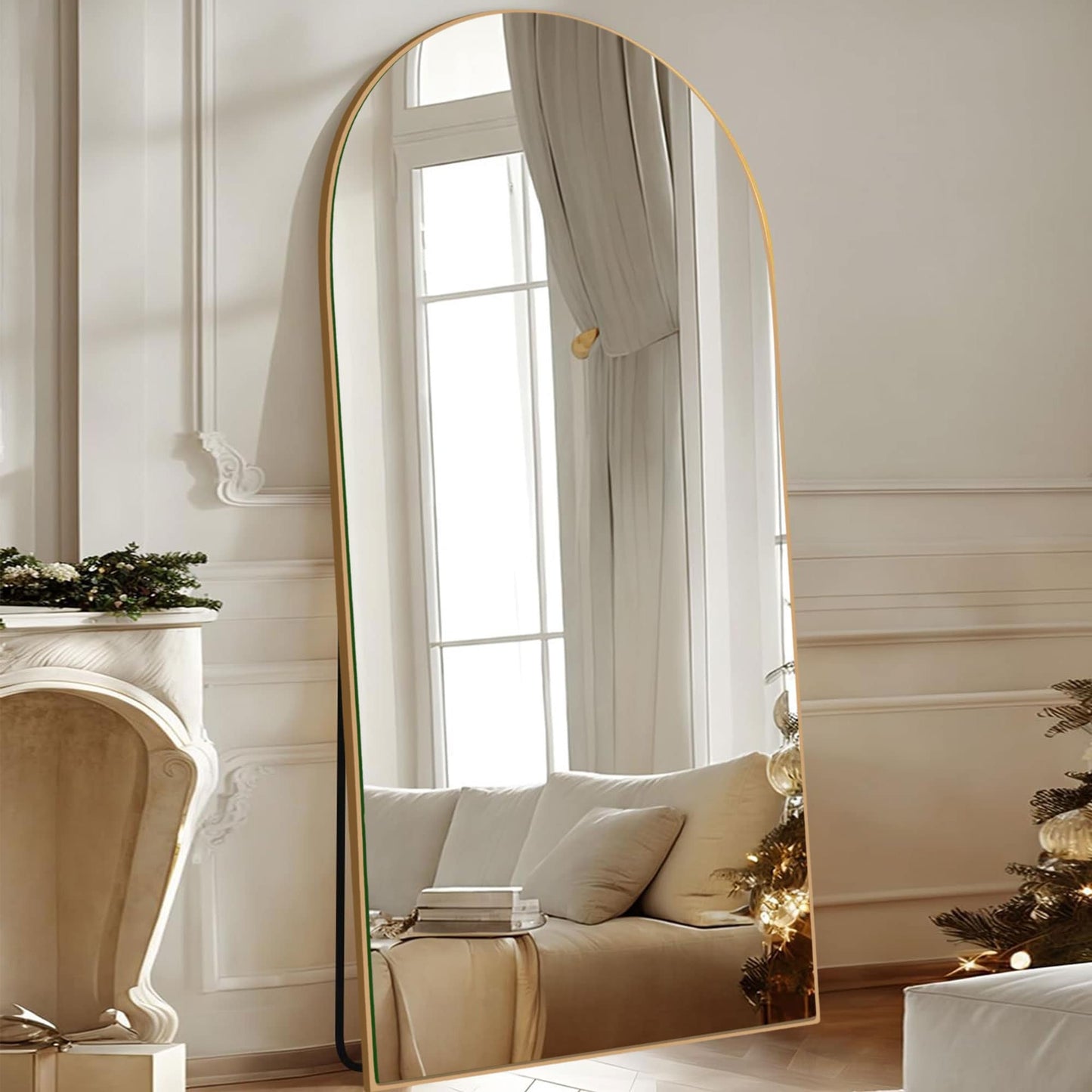 Grand miroir de sol en bois avec arche, miroir mural