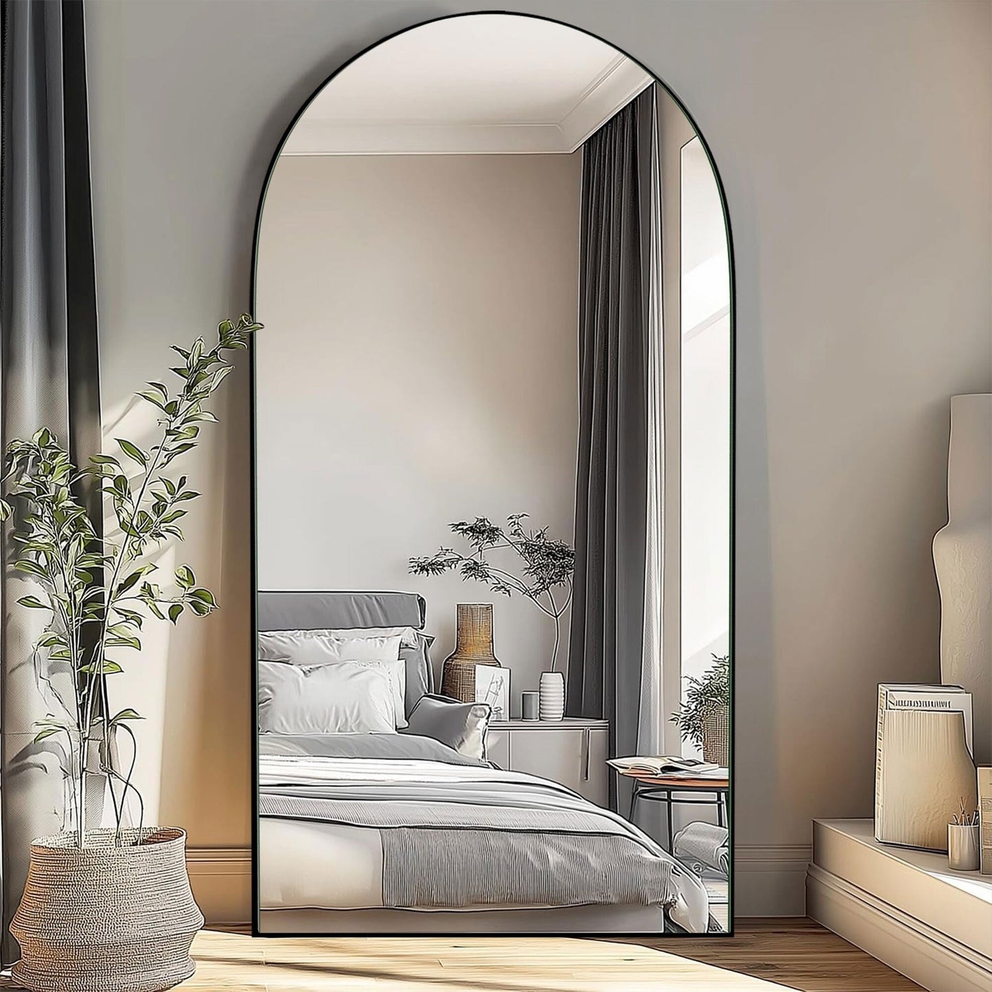 Grand miroir de sol en bois avec arche, miroir mural