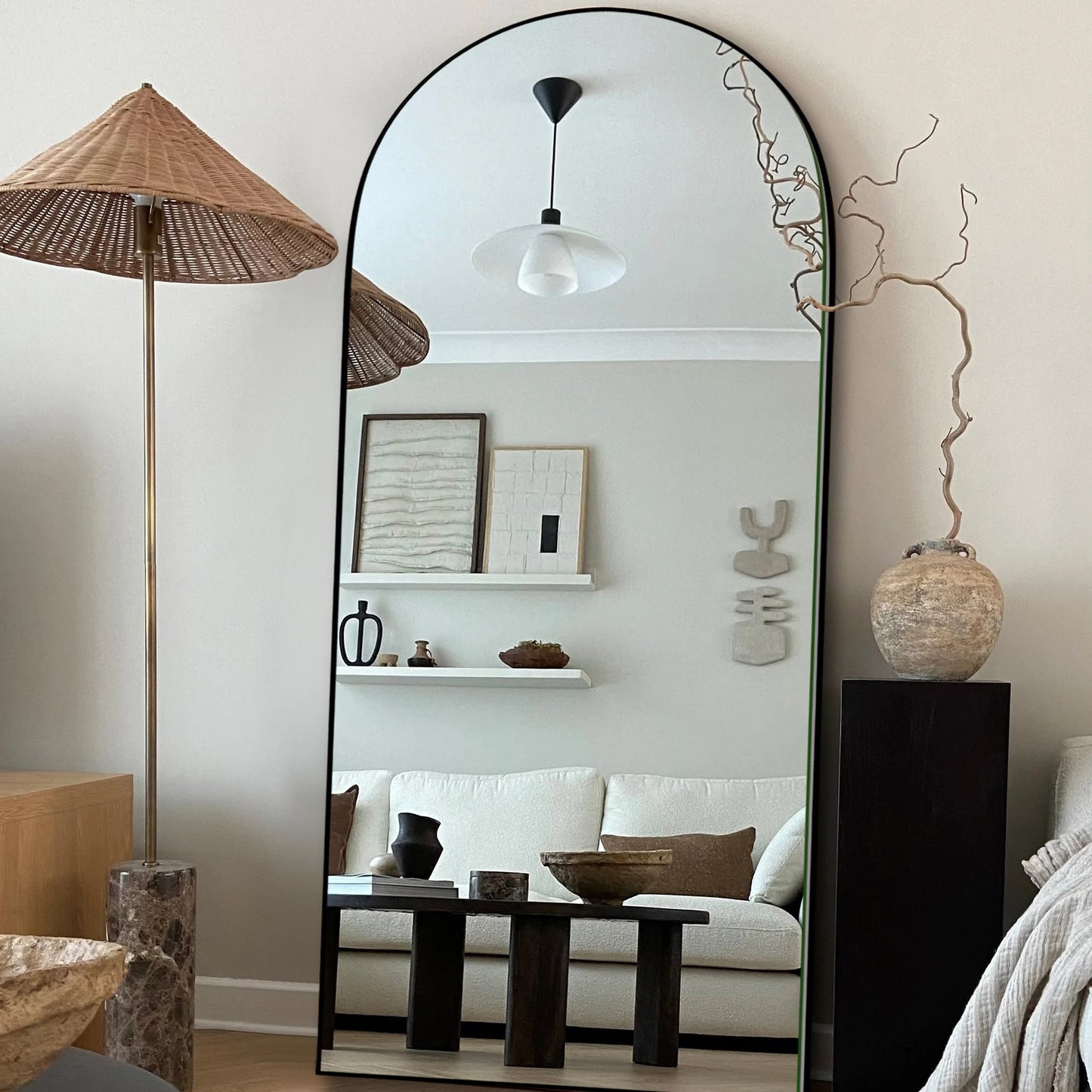 Grand miroir de sol en bois avec arche, miroir mural