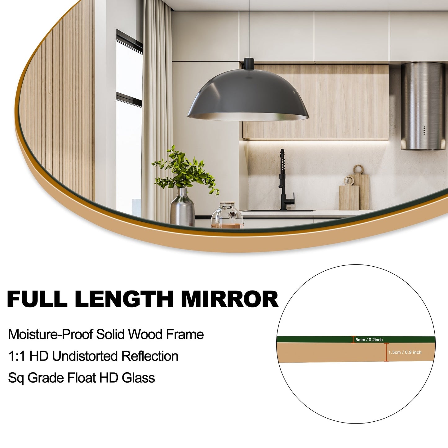Grand miroir de sol en bois avec arche, miroir mural
