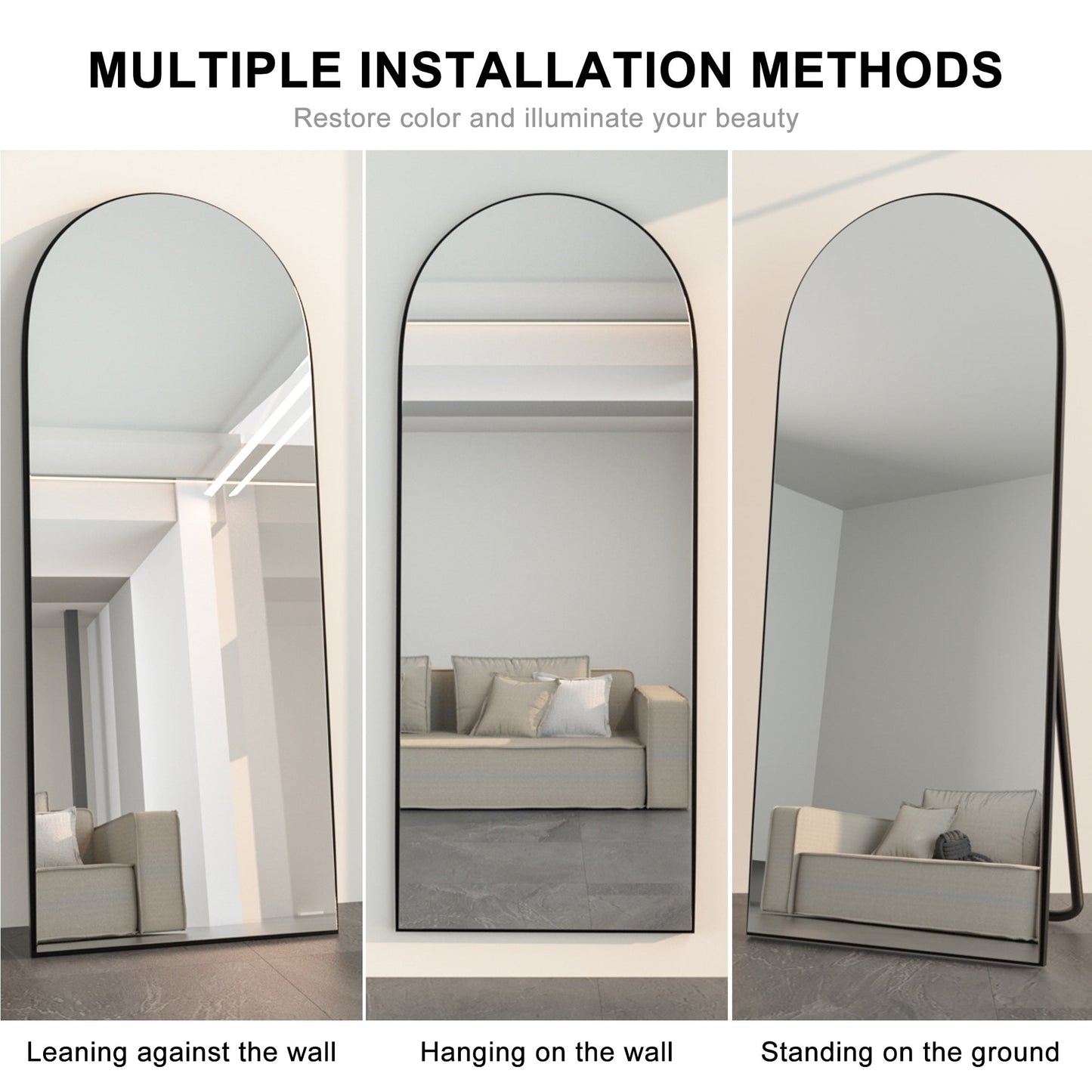 Grand miroir de sol en bois avec arche, miroir mural