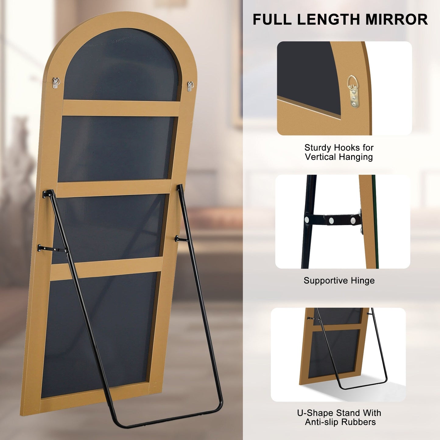 Grand miroir de sol en bois avec arche, miroir mural