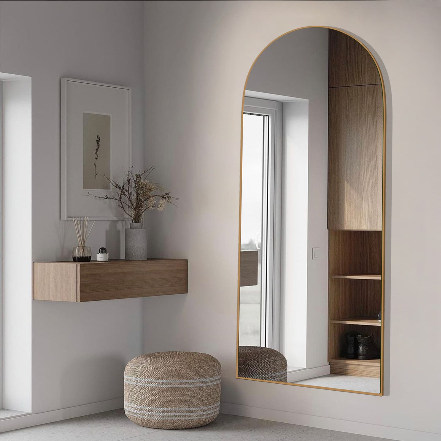 Grand miroir de sol en bois avec arche, miroir mural