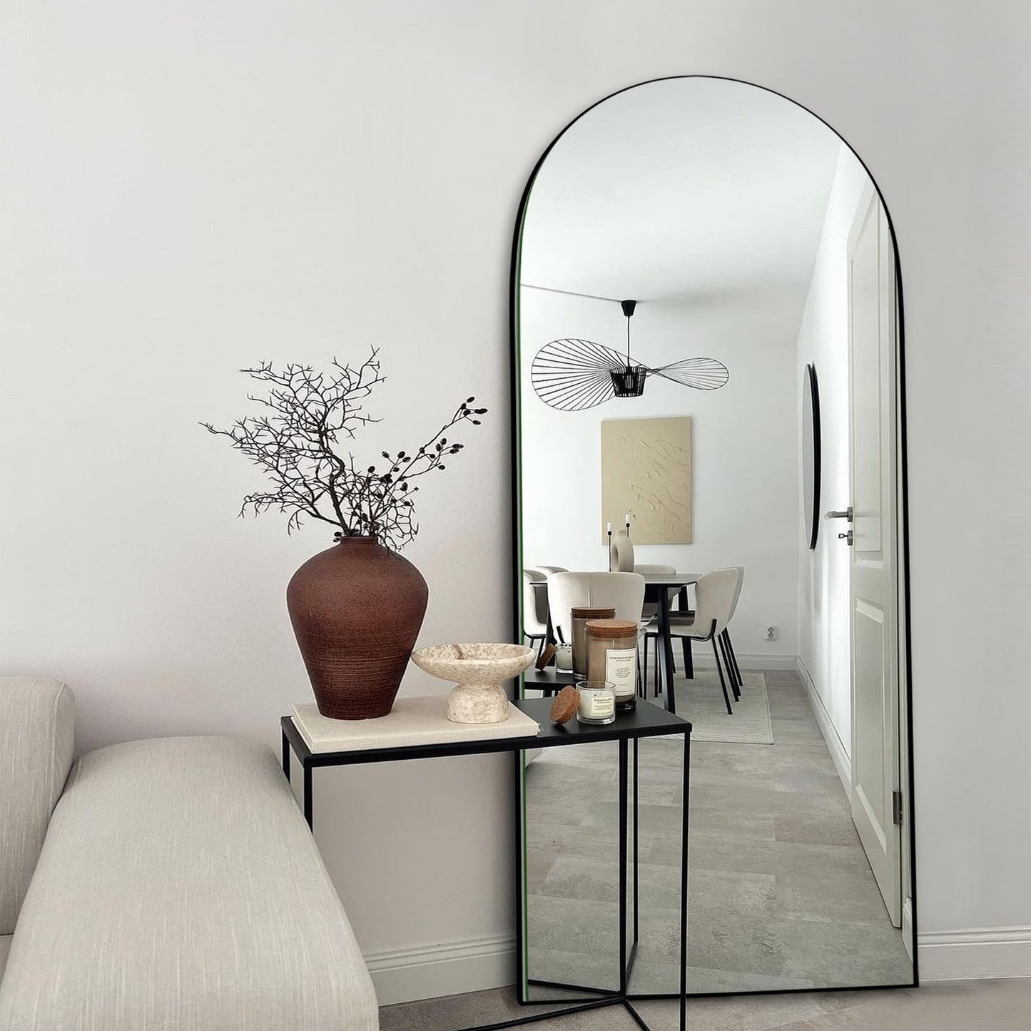 Grand miroir de sol en bois avec arche, miroir mural
