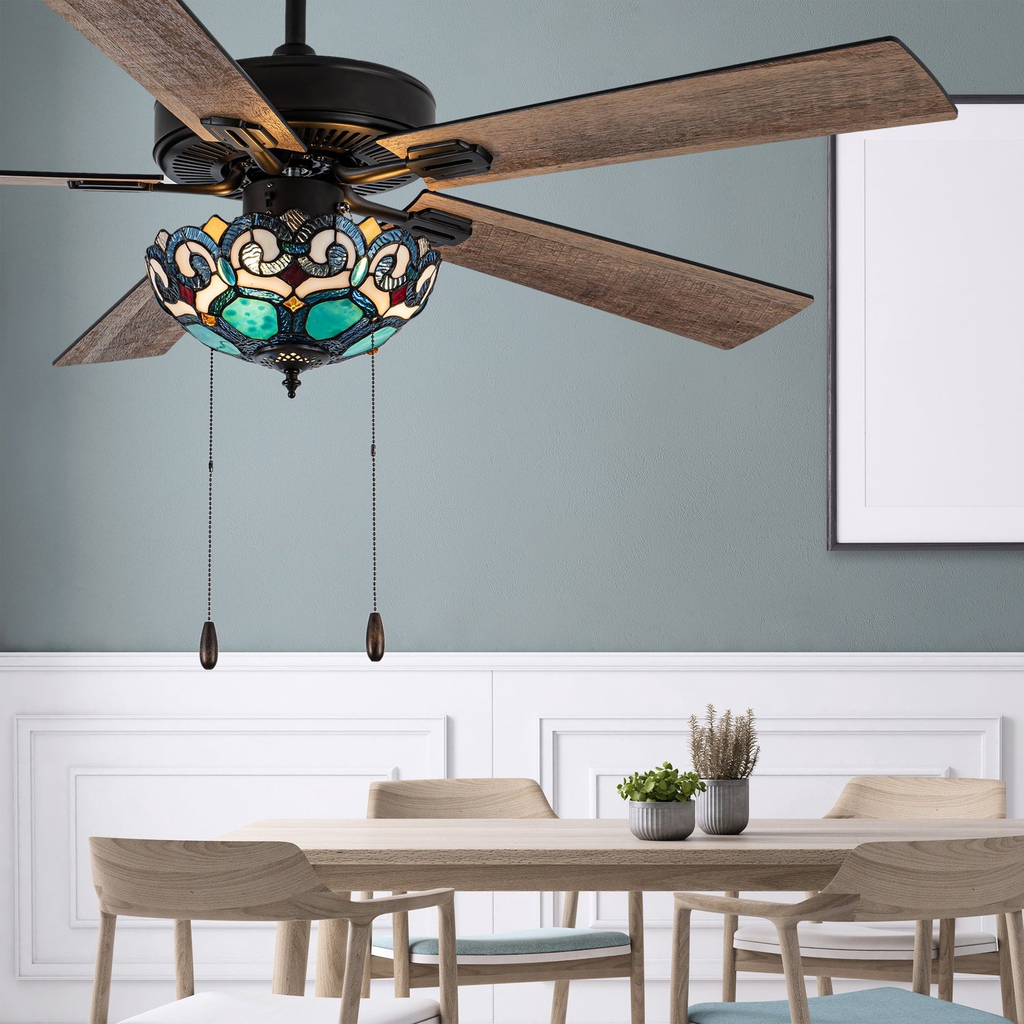 Ventilateur de plafond Astrid River of Goods à 3 pales, bronze huilé multicolore et verre teinté, 52 pouces - 52 x 52 x 14,75/19,75