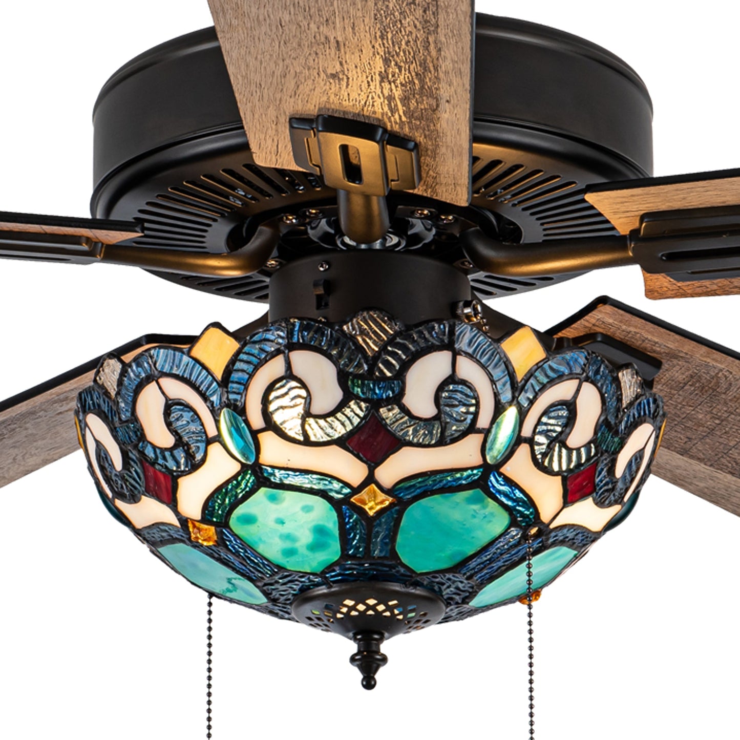 Ventilateur de plafond Astrid River of Goods à 3 pales, bronze huilé multicolore et verre teinté, 52 pouces - 52 x 52 x 14,75/19,75