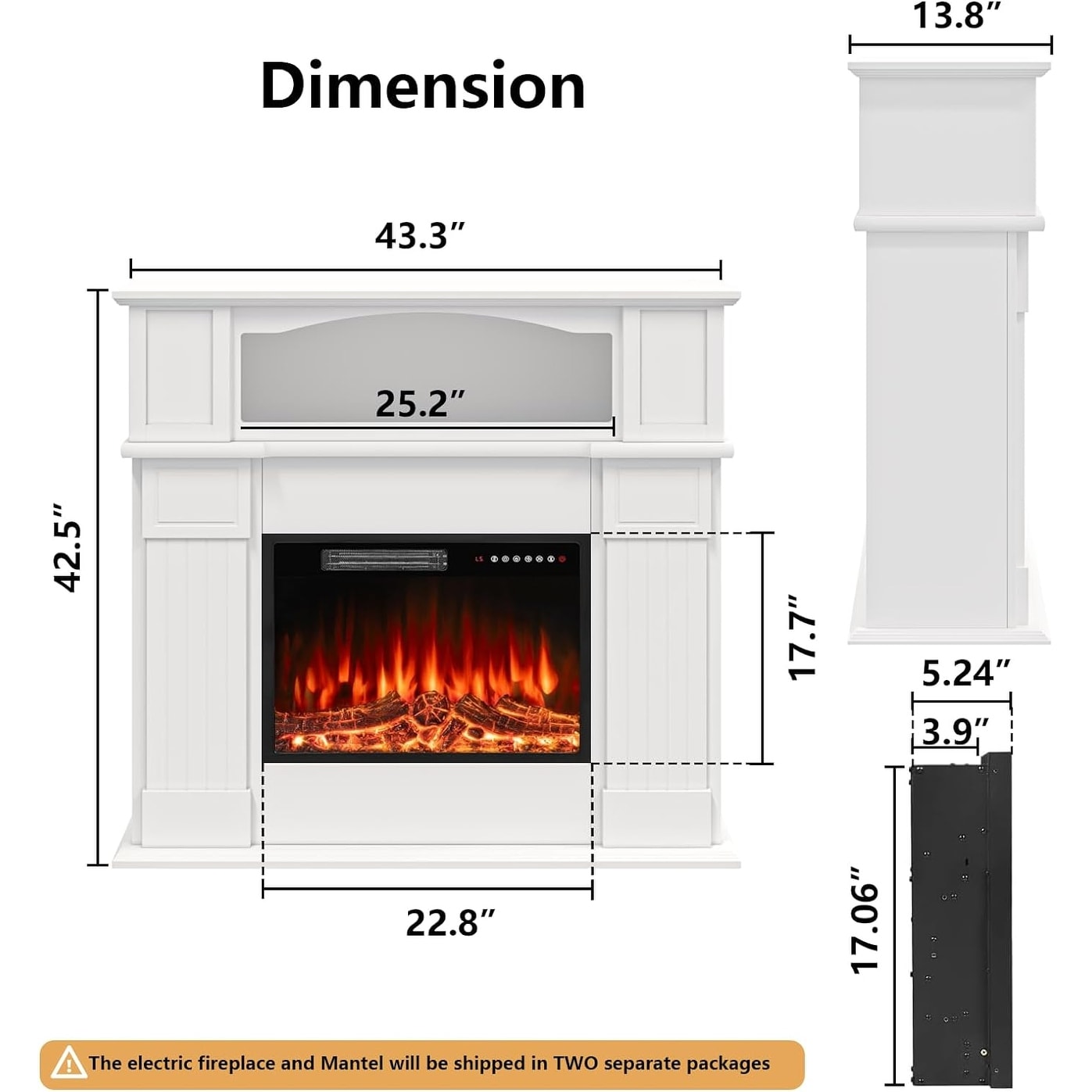 BOSSIN Cheminée électrique 43 pouces avec manteau, insert de cheminée électrique 23 pouces, meuble TV indépendant avec foyer en bois
