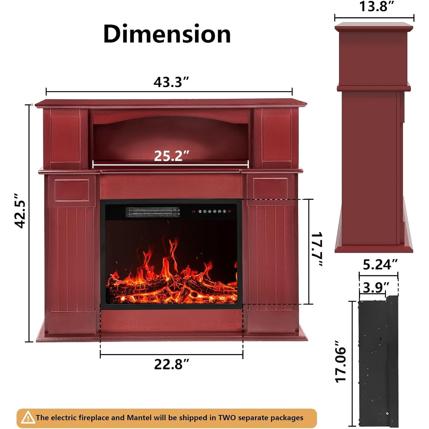BOSSIN Cheminée électrique 43 pouces avec manteau, insert de cheminée électrique 23 pouces, meuble TV indépendant avec foyer en bois