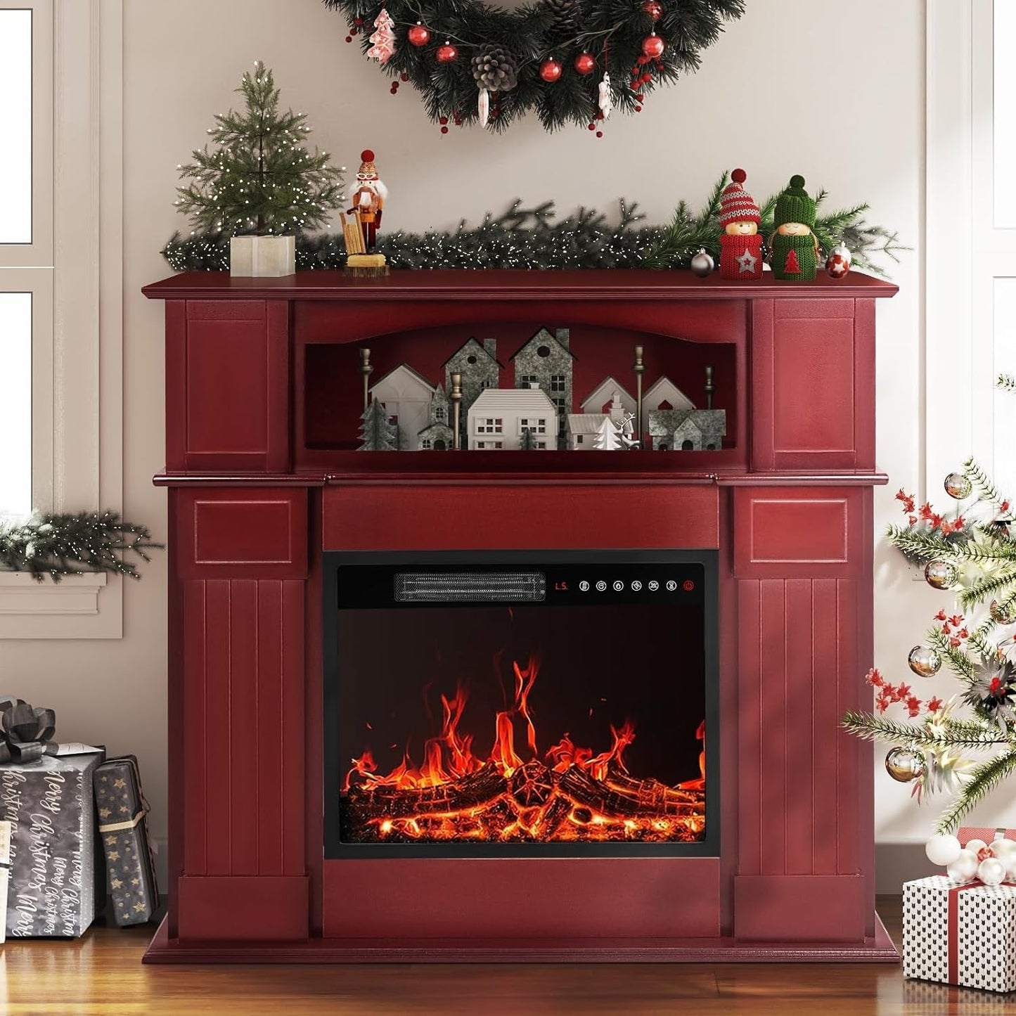 BOSSIN Cheminée électrique 43 pouces avec manteau, insert de cheminée électrique 23 pouces, meuble TV indépendant avec foyer en bois