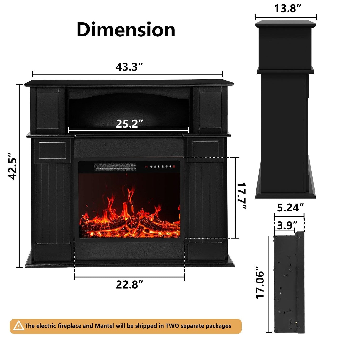BOSSIN Cheminée électrique 43 pouces avec manteau, insert de cheminée électrique 23 pouces, meuble TV indépendant avec foyer en bois