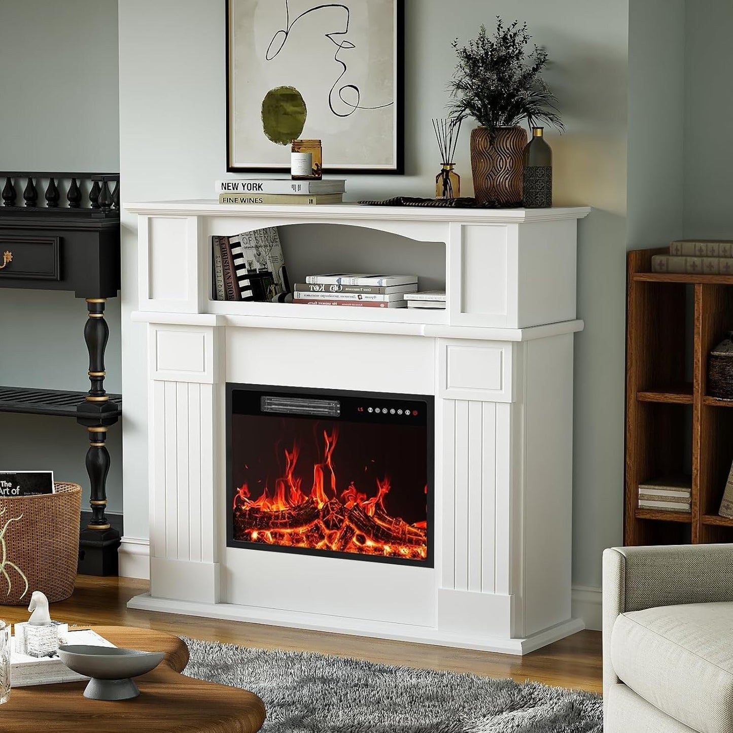 BOSSIN Cheminée électrique 43 pouces avec manteau, insert de cheminée électrique 23 pouces, meuble TV indépendant avec foyer en bois