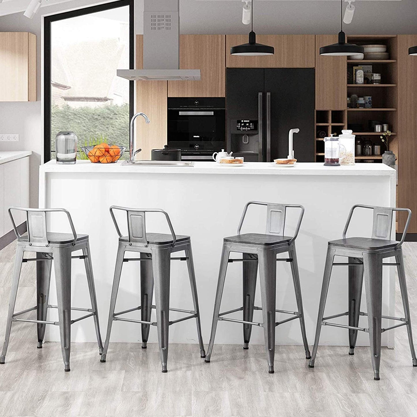 Tabourets de bar avec dossier, lot de 4, tabourets de bar industriels en métal avec assises en bois
