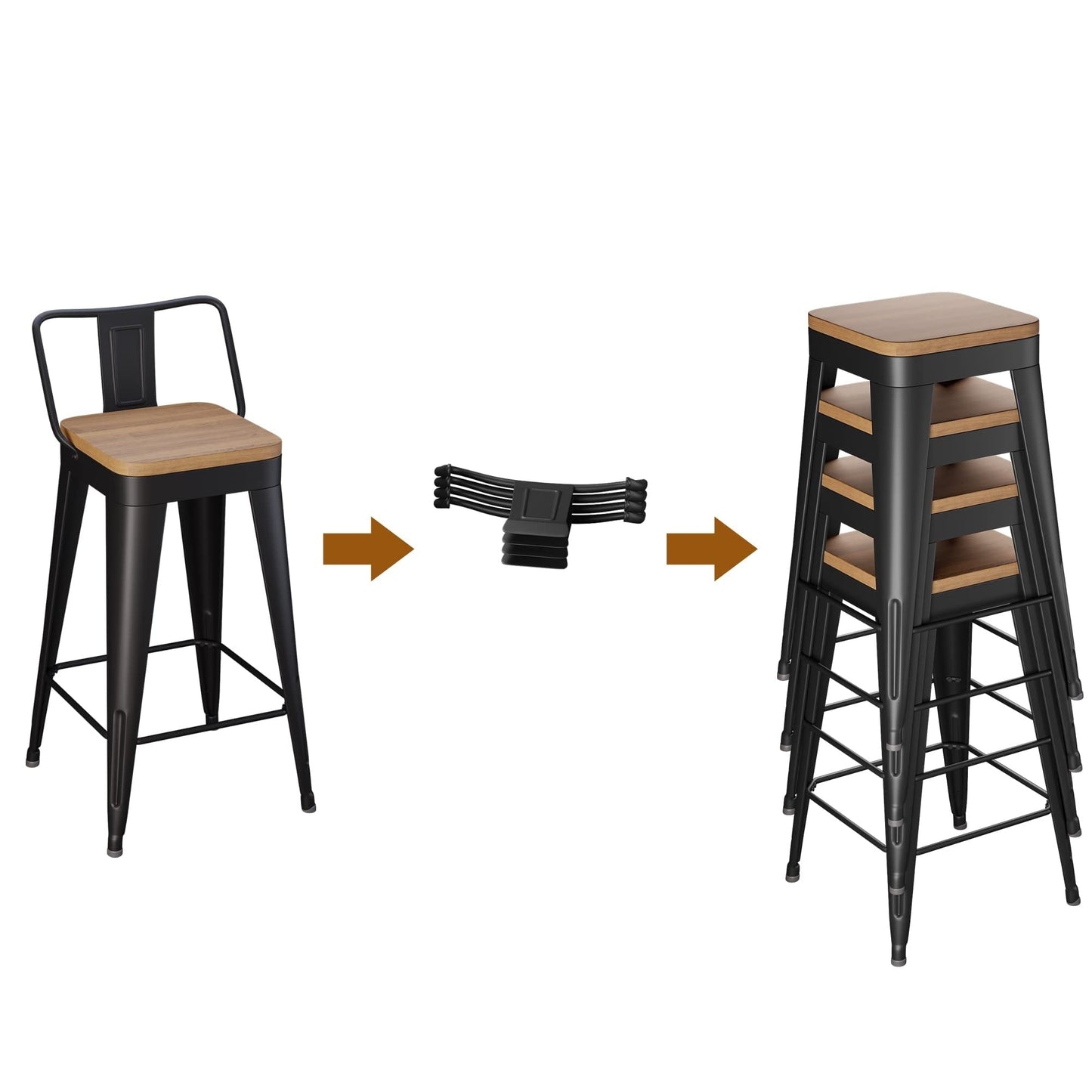 Tabourets de bar avec dossier, lot de 4, tabourets de bar industriels en métal avec assises en bois