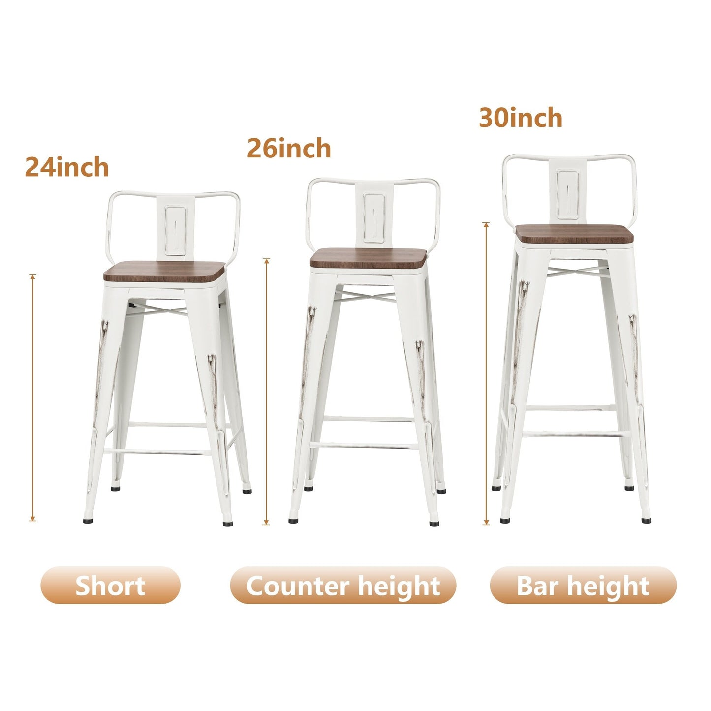 Tabourets de bar avec dossier, lot de 4, tabourets de bar industriels en métal avec assises en bois