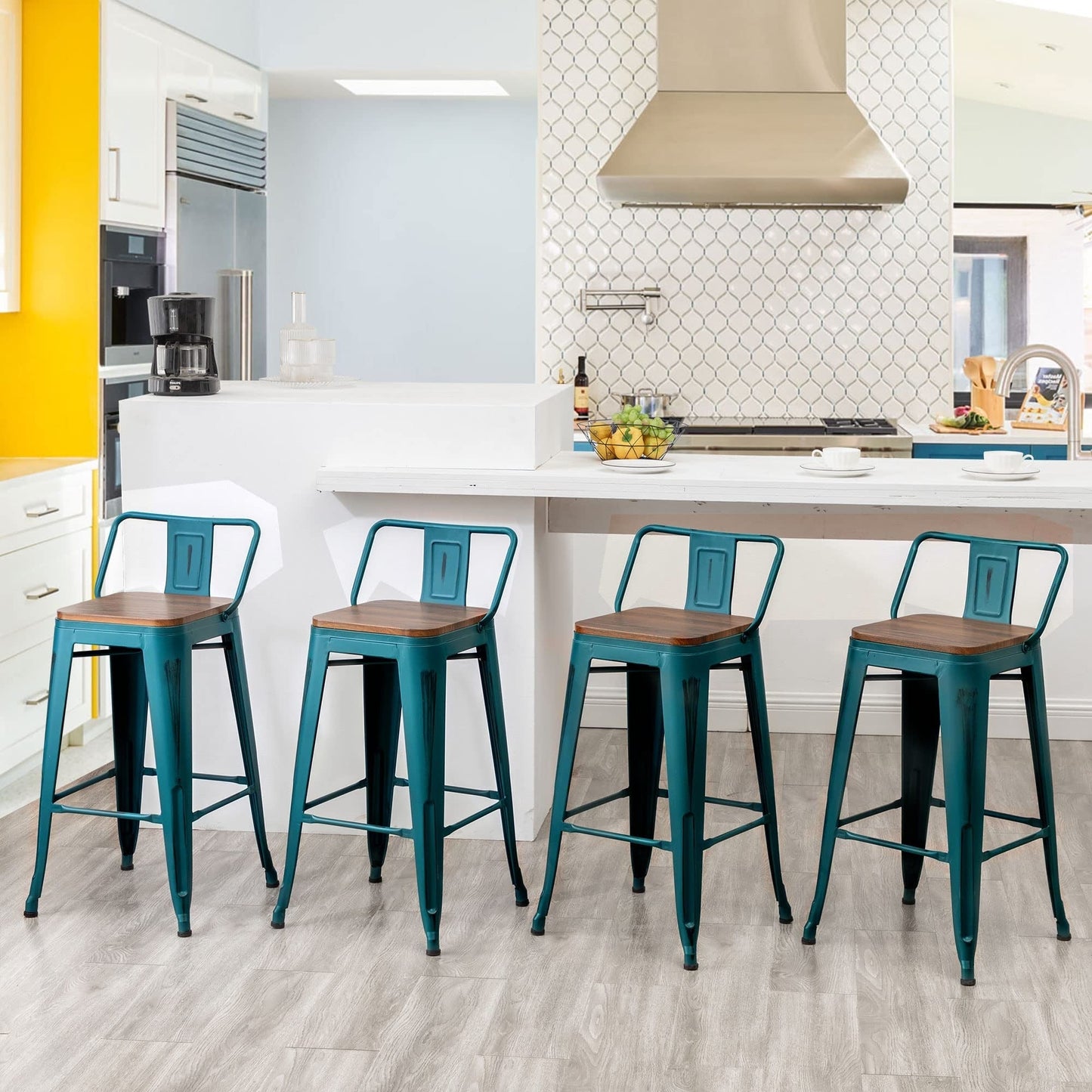 Tabourets de bar avec dossier, lot de 4, tabourets de bar industriels en métal avec assises en bois