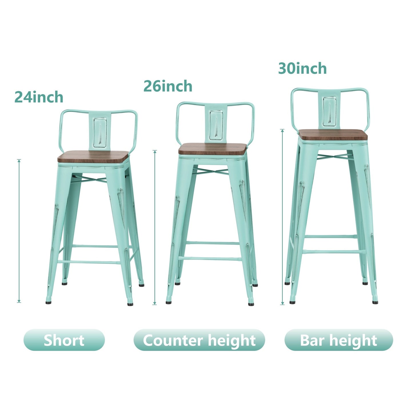 Tabourets de bar avec dossier, lot de 4, tabourets de bar industriels en métal avec assises en bois