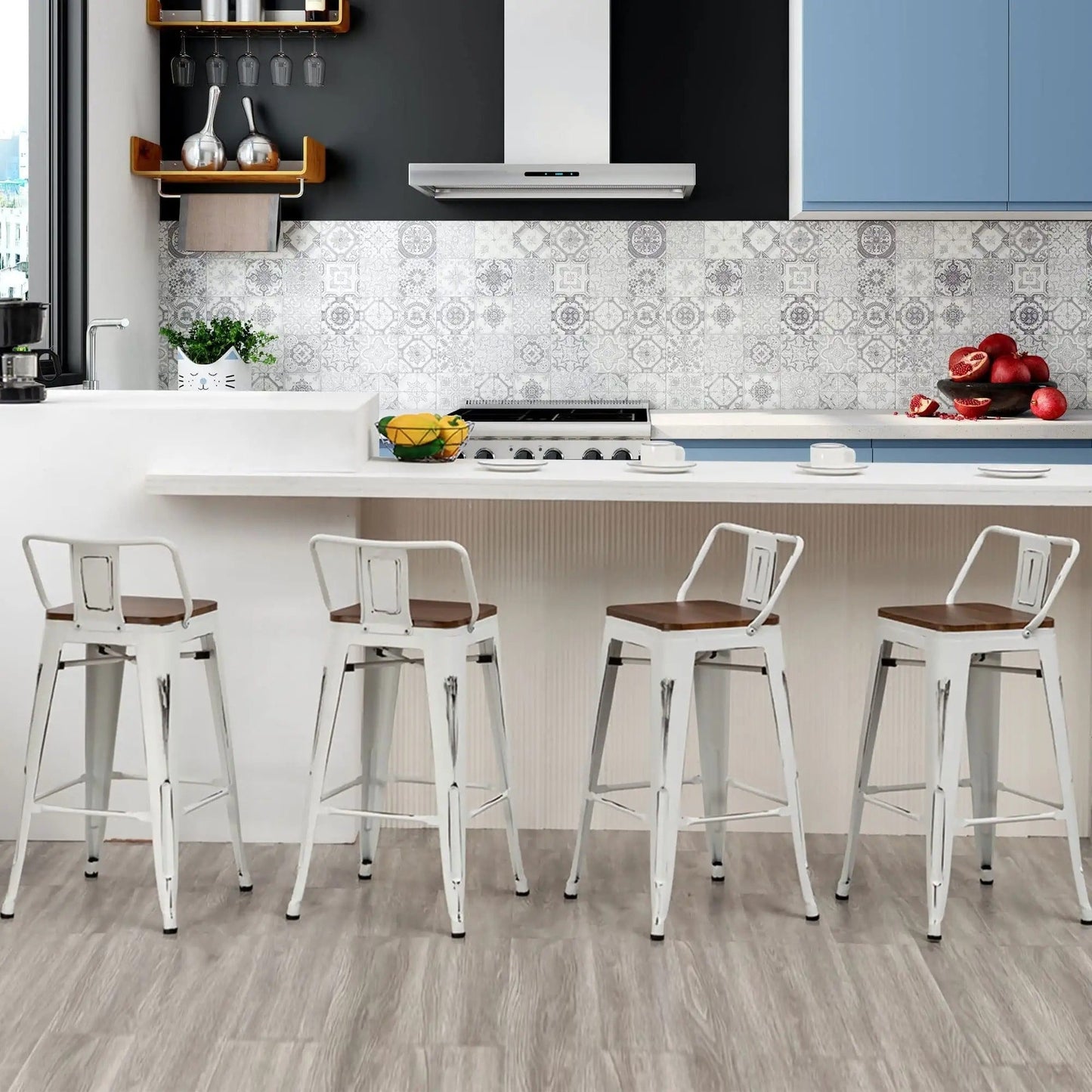Tabourets de bar avec dossier, lot de 4, tabourets de bar industriels en métal avec assises en bois