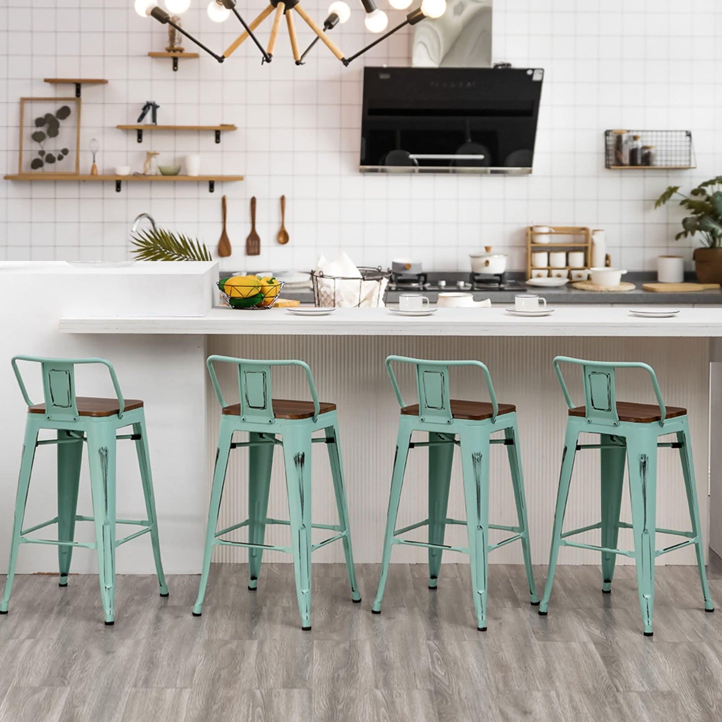 Tabourets de bar avec dossier, lot de 4, tabourets de bar industriels en métal avec assises en bois